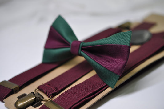 Emerald Green and Burgundy Dark Wine Red Bow tie Bowtie + Wine Red Suspenders Braces Men / Youth / Boys Kids / Baby Infant Toddler