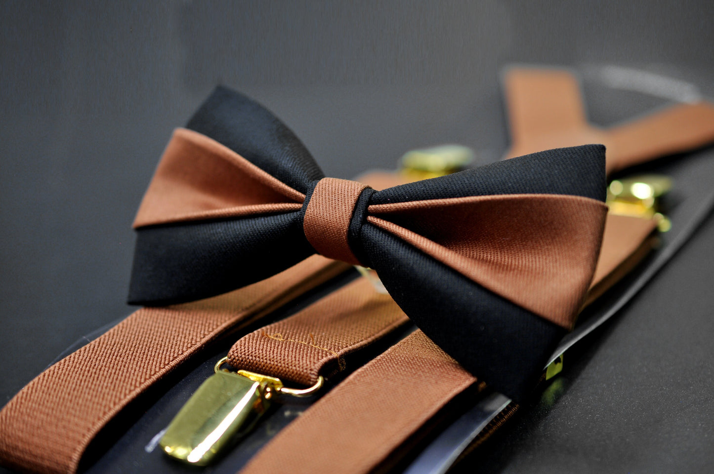 Tan Brown Brown Black Cotton Bow tie Bowtie + Black Suspenders Braces Men / Youth / Boys Kids / Baby Infant Toddler