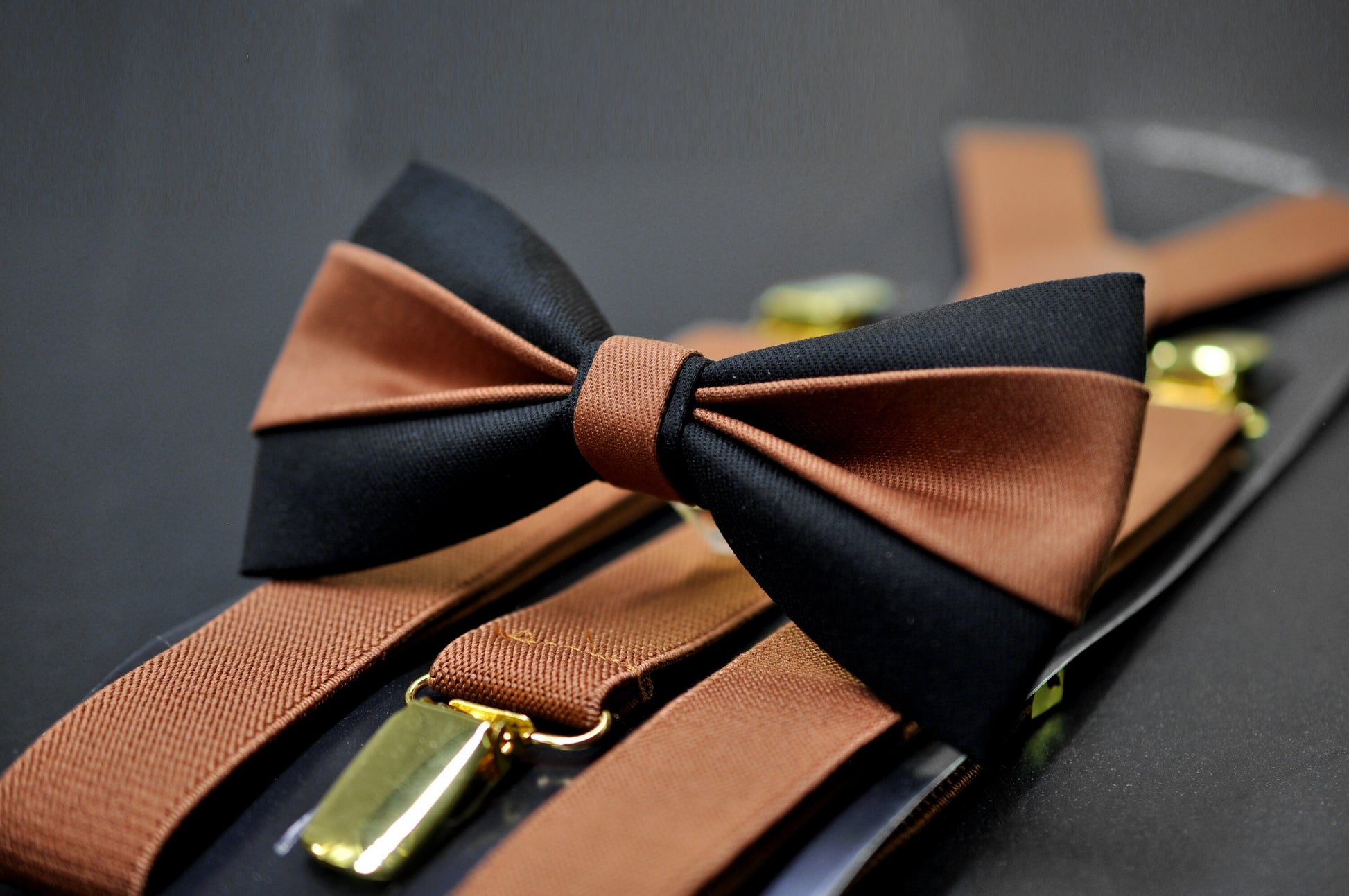 Tan Brown Brown Black Cotton Bow tie Bowtie + Black Suspenders Braces Men / Youth / Boys Kids / Baby Infant Toddler