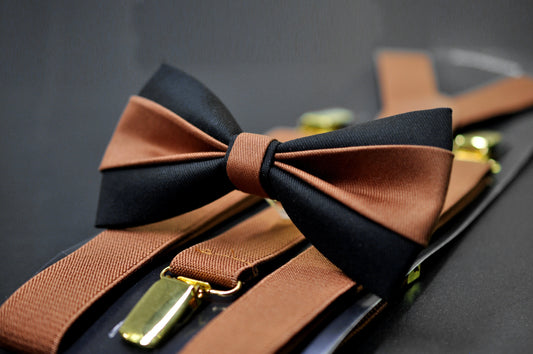 Tan Brown Brown Black Cotton Bow tie Bowtie + Black Suspenders Braces Men / Youth / Boys Kids / Baby Infant Toddler