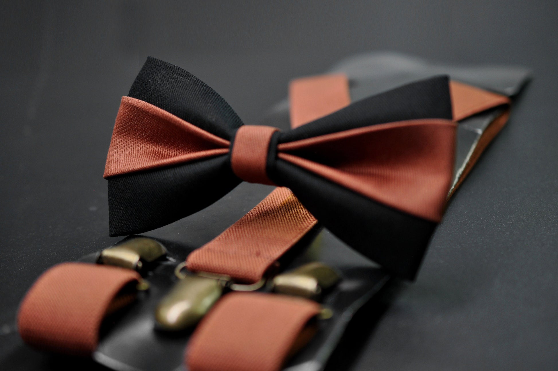 Rust Terracotta Brown Black Cotton Bow tie Bowtie +Rust Elastic Suspenders Braces Men / Youth / Boys Kids / Baby Infant Toddler