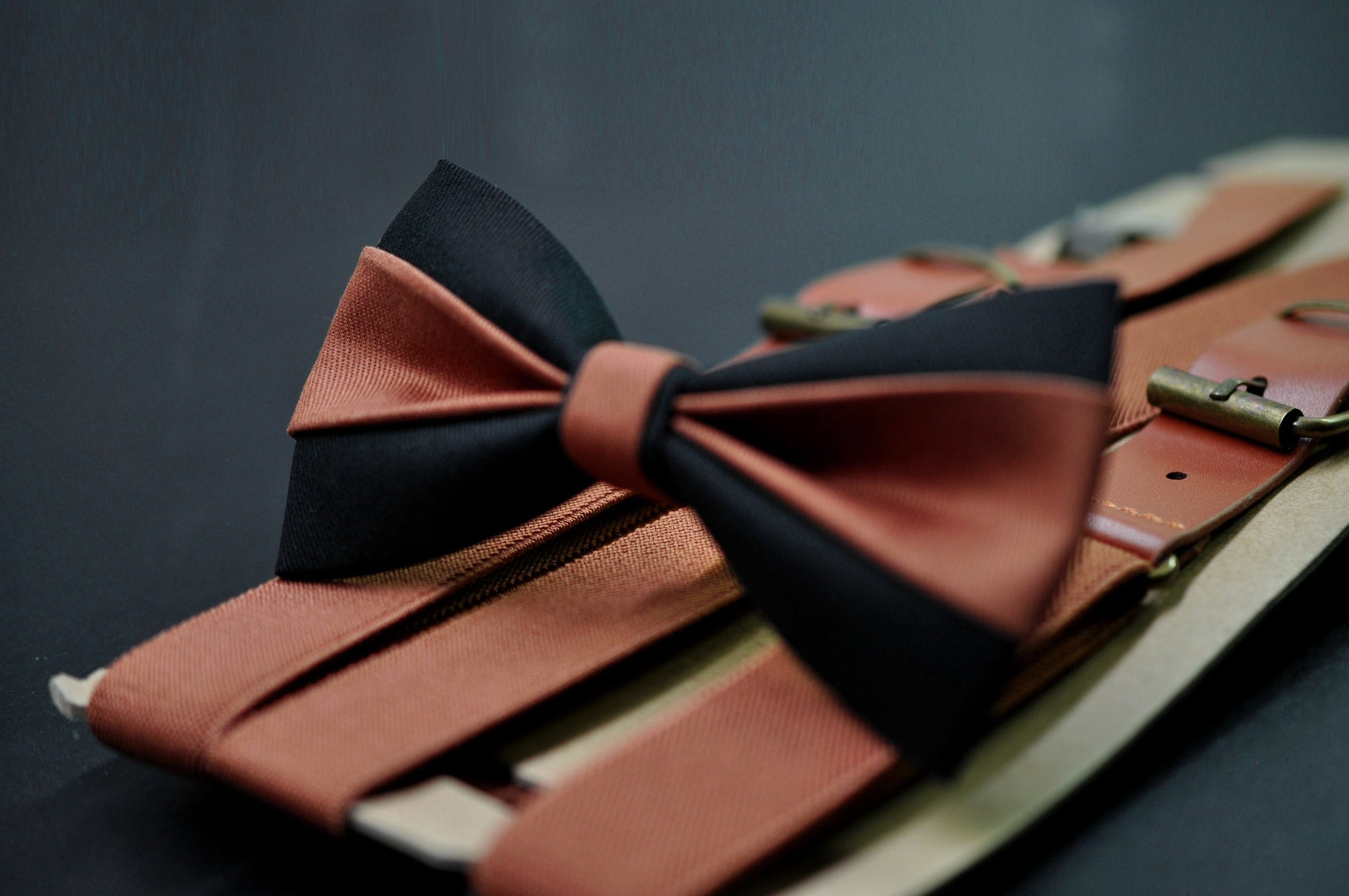 Rust Terracotta Brown Black Cotton Bow tie Bowtie + Rust Tan Suspenders Braces Men / Youth / Boys Kids / Baby Infant Toddler