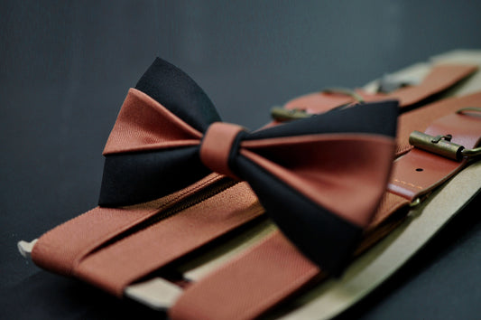 Rust Terracotta Brown Black Cotton Bow tie Bowtie + Rust Tan Suspenders Braces Men / Youth / Boys Kids / Baby Infant Toddler