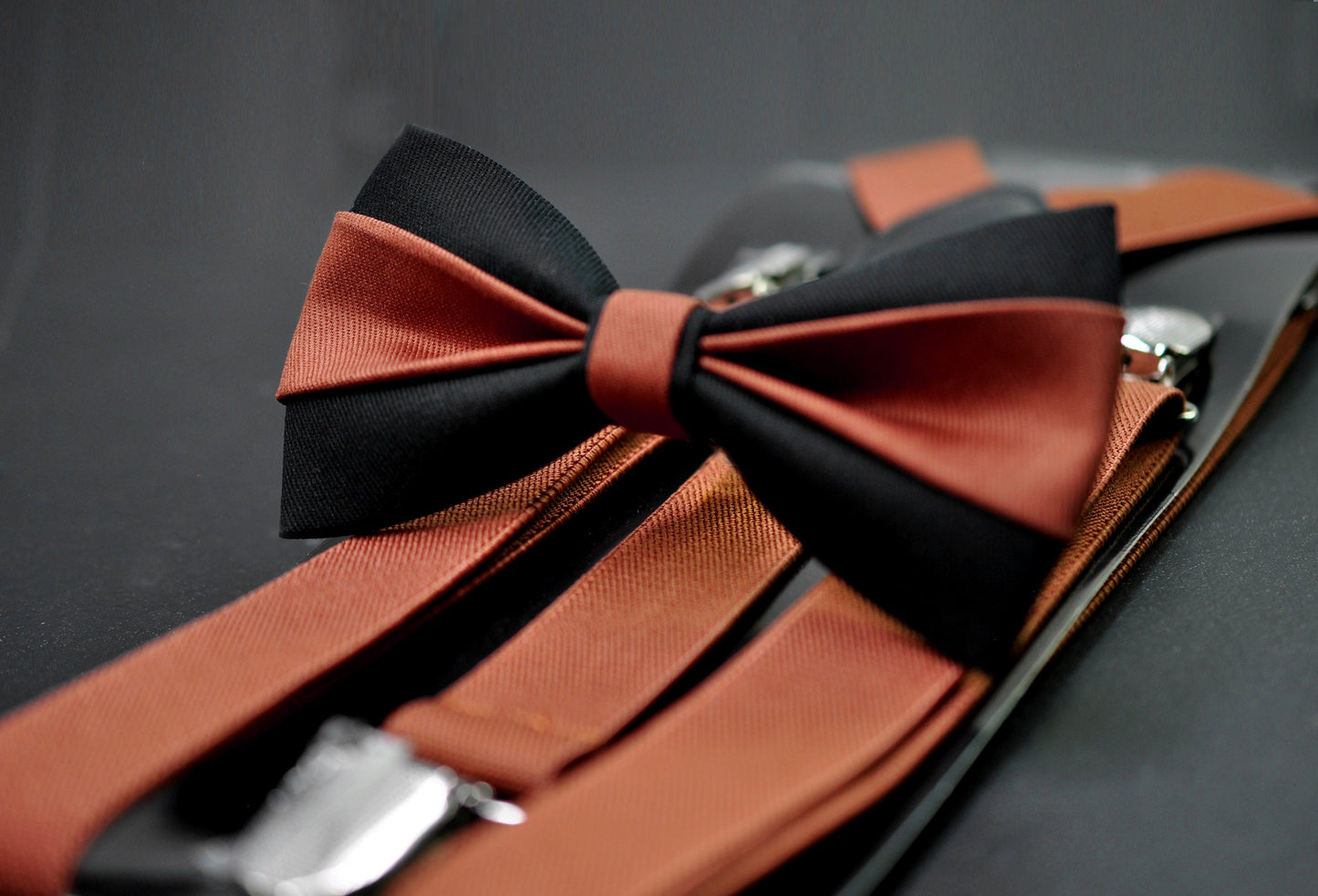 Rust Terracotta Brown Black Cotton Bow tie Bowtie + Rust Suspenders Braces Men / Youth / Boys Kids / Baby Infant Toddler