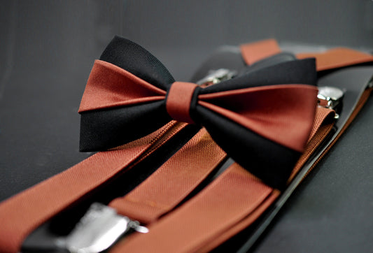 Rust Terracotta Brown Black Cotton Bow tie Bowtie + Rust Suspenders Braces Men / Youth / Boys Kids / Baby Infant Toddler