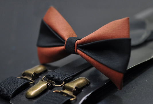 Rust Terracotta Brown Black Cotton Bow tie Bowtie + Black Suspenders Braces Men / Youth / Boys Kids / Baby Infant Toddler