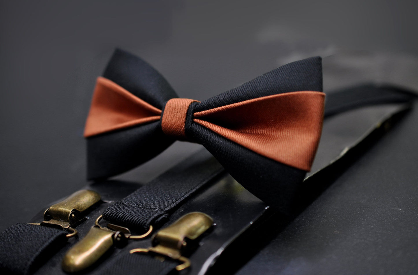 Rust Terracotta Brown Black Cotton Bow tie Bowtie + Black Suspenders Braces Men / Youth / Boys Kids / Baby Infant Toddler