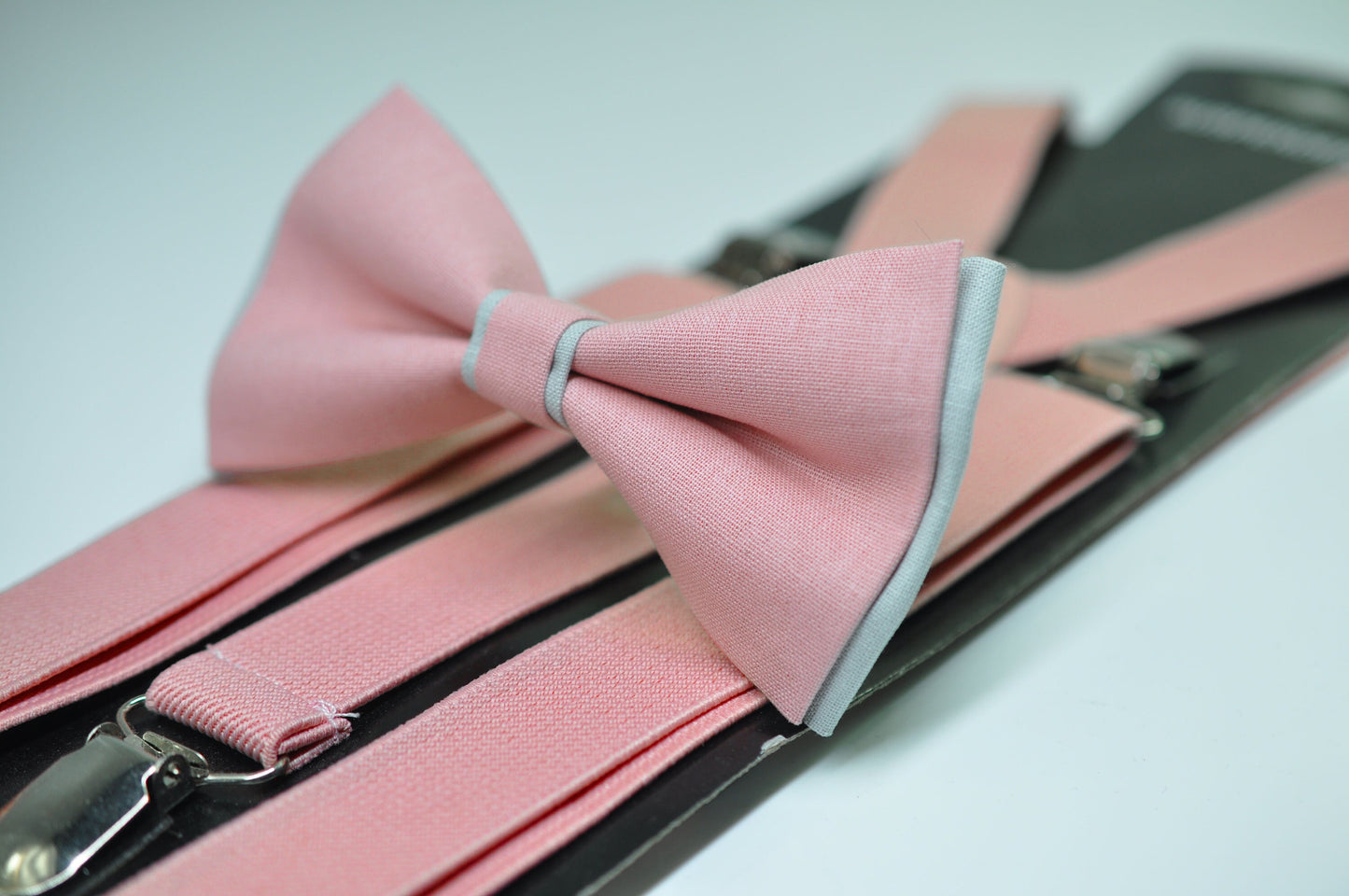 Dusty Pink Musk Silver Grey Pre tied Bow tie Bowtie + Dusty Pink Elastic Suspenders Braces for Men / Youth / Boys Kids / Baby Infant Toddler