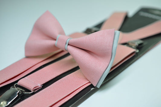 Dusty Pink Musk Silver Grey Pre tied Bow tie Bowtie + Dusty Pink Elastic Suspenders Braces for Men / Youth / Boys Kids / Baby Infant Toddler