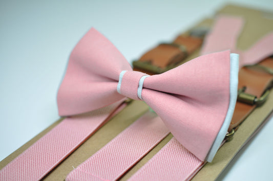 Dusty Pink Musk White Pre tied Bow tie Bowtie + Elastic Suspenders Braces for Men / Youth / Boys Kids / Baby Infant Toddler