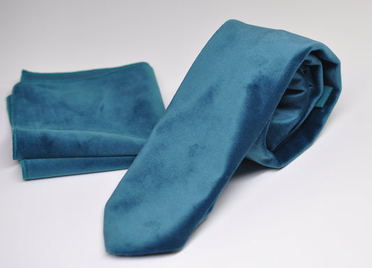 Men Unisex Teal Blue Velvet Bow tie Bowtie Skinny Neck tie Necktie Pocket Squares