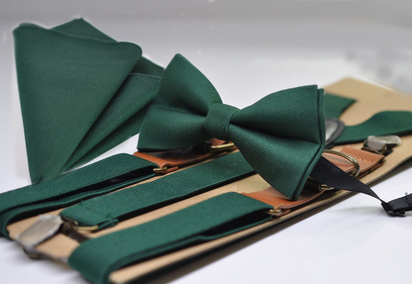 Dark Emerald Green Cotton Bow tie + Elastic Suspenders Braces + Pocket Square Hanky Handkerchief for Men / Youth / Boys Kids / Baby Infant