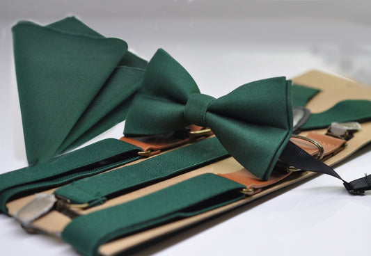 Dark Emerald Green Cotton Bow tie + Elastic Suspenders Braces + Pocket Square Hanky Handkerchief for Men / Youth / Boys Kids / Baby Infant