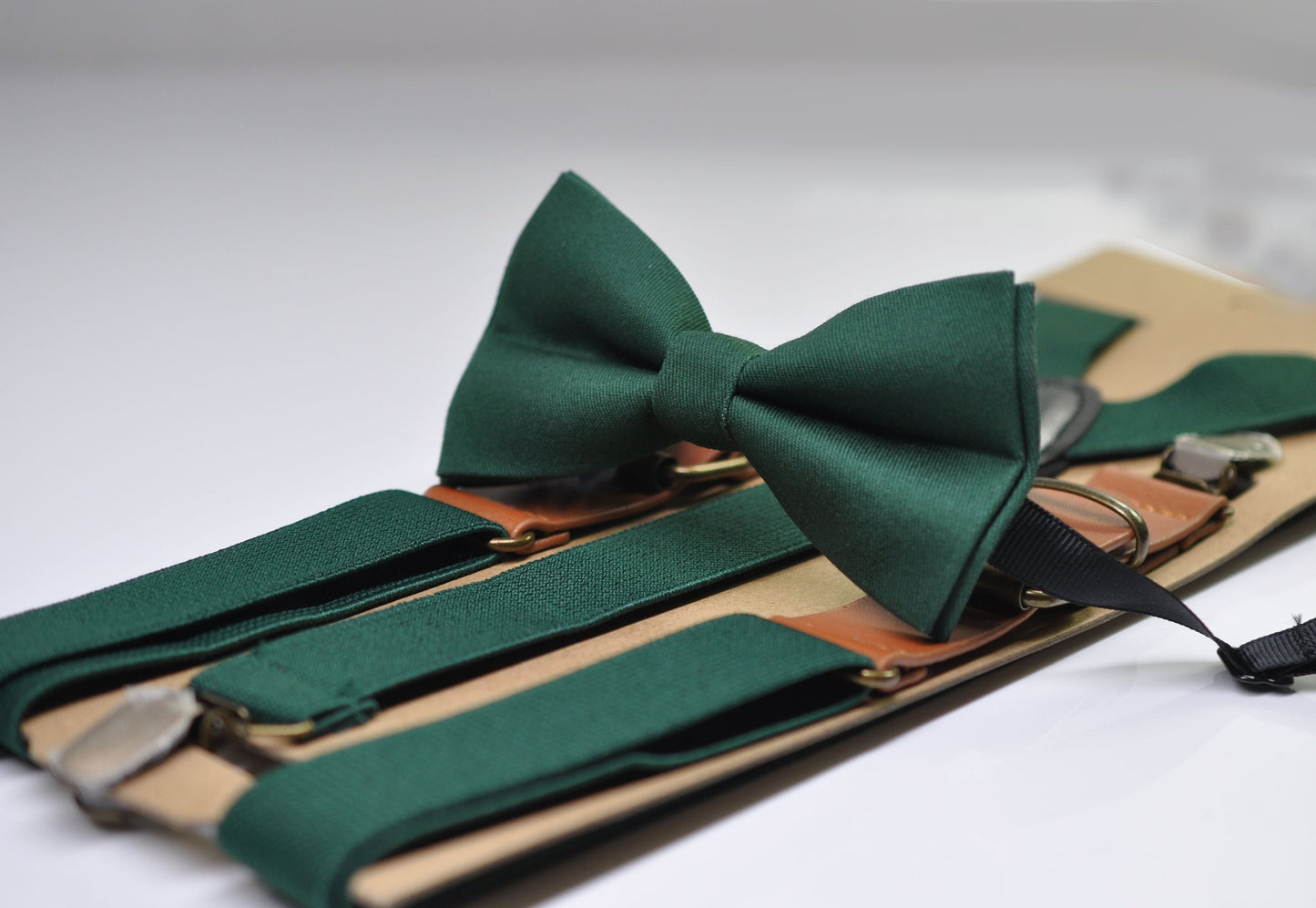 Dark Emerald Green Cotton Bow tie + Elastic Suspenders Braces + Pocket Square Hanky Handkerchief for Men / Youth / Boys Kids / Baby Infant