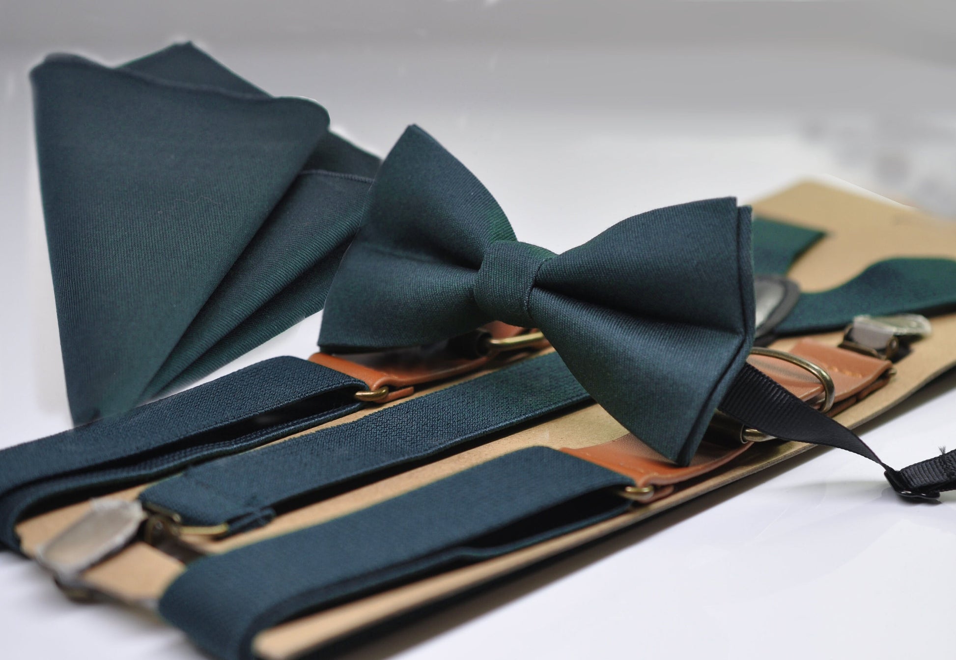 Navy Blue Bow tie + Elastic Suspenders Braces + Pocket Square Hanky Handkerchief for Men / Youth / Boys Kids / Baby Infant