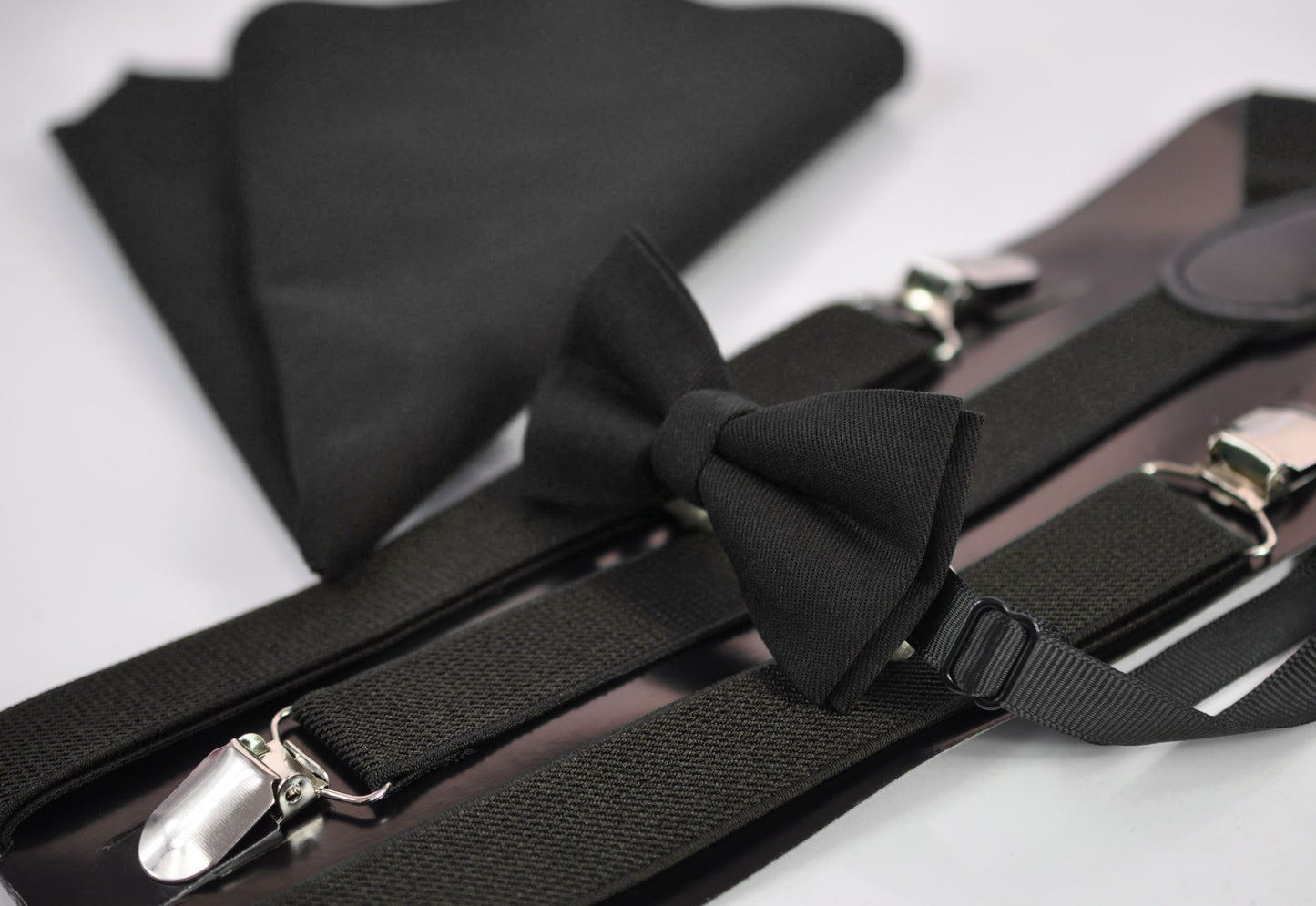 Black Cotton Bow tie + Elastic Suspenders Braces + Pocket Square Hanky Handkerchief for Men / Youth / Boys Kids / Baby Infant