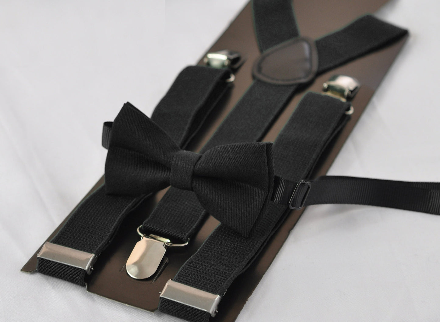 Black Bow tie + Elastic Suspenders Braces + Pocket Square Hanky Handkerchief Cufflinks Cuff links for Men / Youth / Boys Kids / Baby Infant