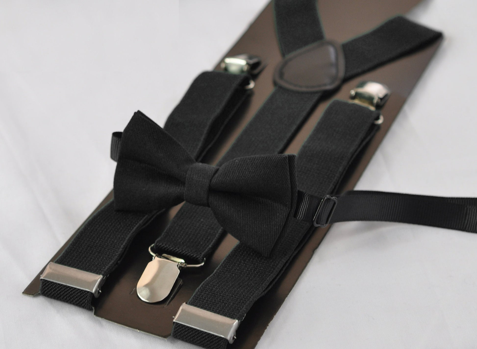 Black Bow tie + Elastic Suspenders Braces + Pocket Square Hanky Handkerchief Cufflinks Cuff links for Men / Youth / Boys Kids / Baby Infant