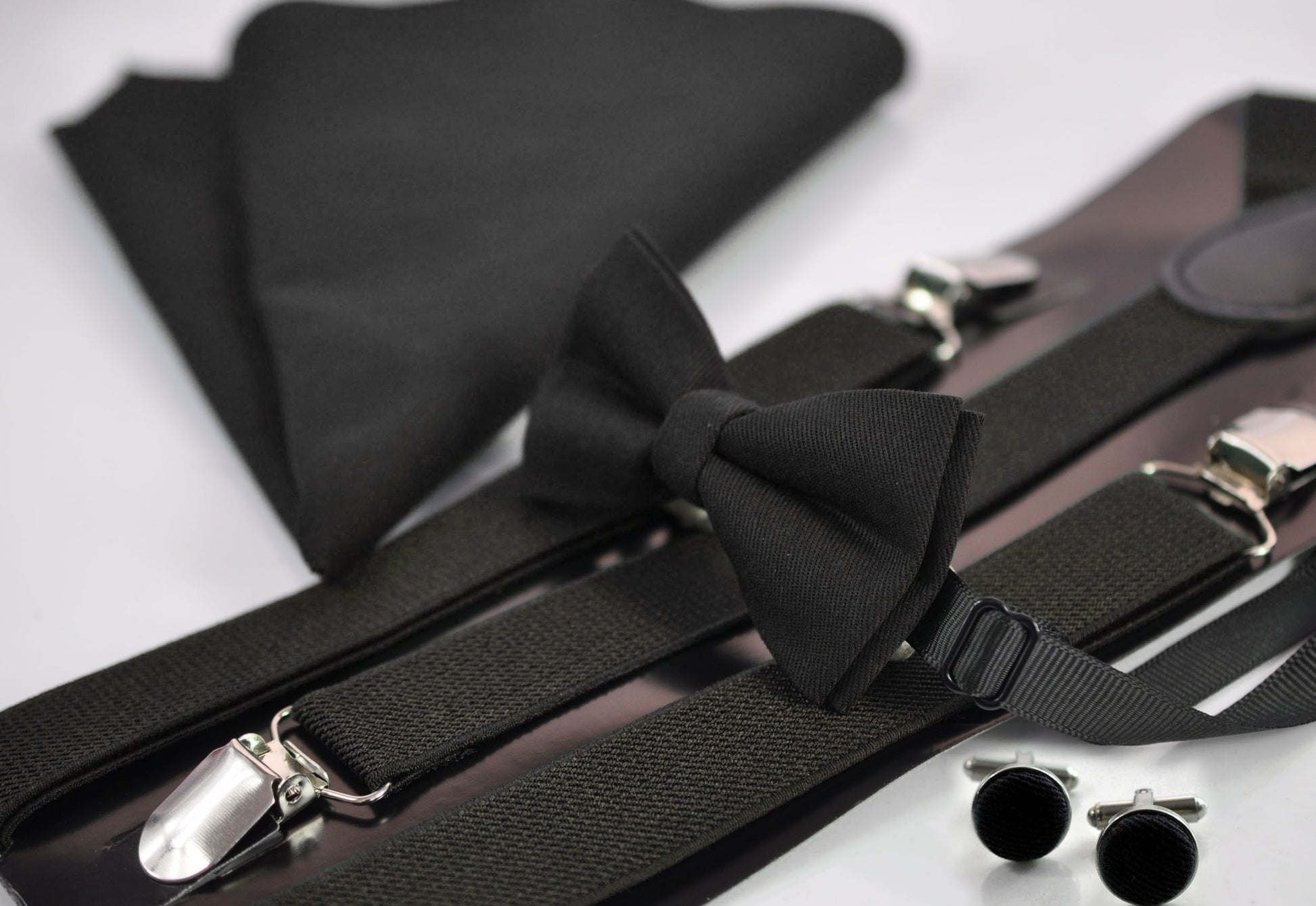 Black Bow tie + Elastic Suspenders Braces + Pocket Square Hanky Handkerchief Cufflinks Cuff links for Men / Youth / Boys Kids / Baby Infant