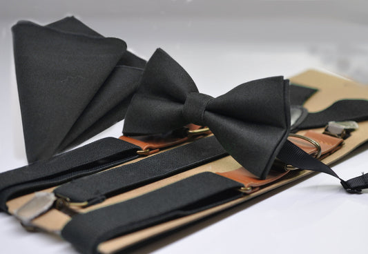 Black Bow tie + Elastic Suspenders Braces + Pocket Square Hanky Handkerchief for Men / Youth / Boys Kids / Baby Infant