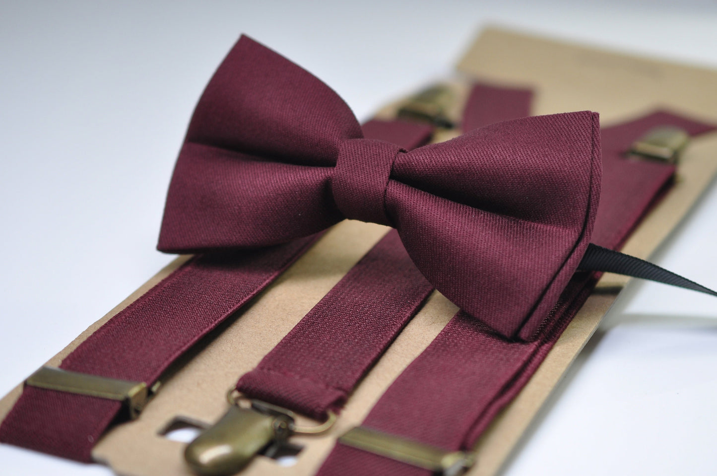 Burgundy Wine Red Cotton Bow tie + Elastic Suspenders Braces + Pocket Square Hanky Handkerchief for Men / Youth / Boys Kids / Baby Infant