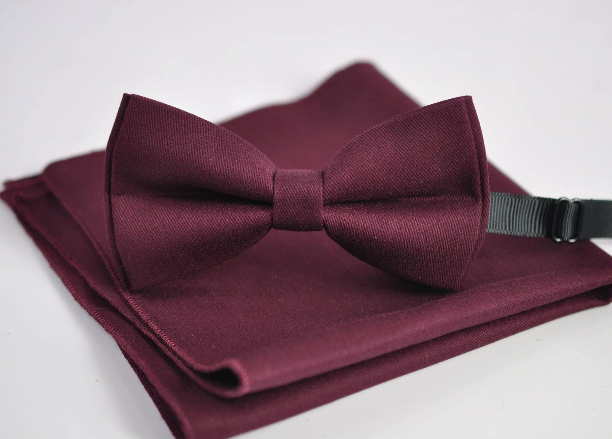 Burgundy Wine Red Cotton Bow tie + Elastic Suspenders Braces + Pocket Square Hanky Handkerchief for Men / Youth / Boys Kids / Baby Infant