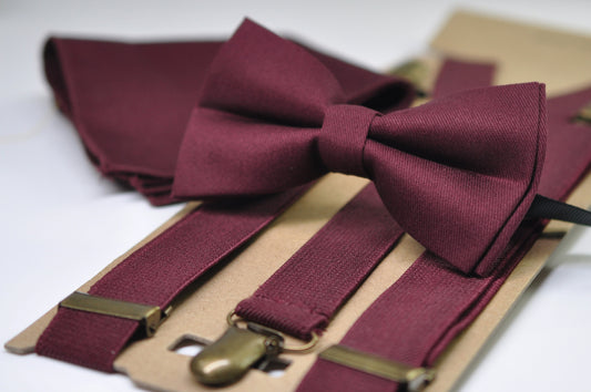 Burgundy Wine Red Cotton Bow tie + Elastic Suspenders Braces + Pocket Square Hanky Handkerchief for Men / Youth / Boys Kids / Baby Infant