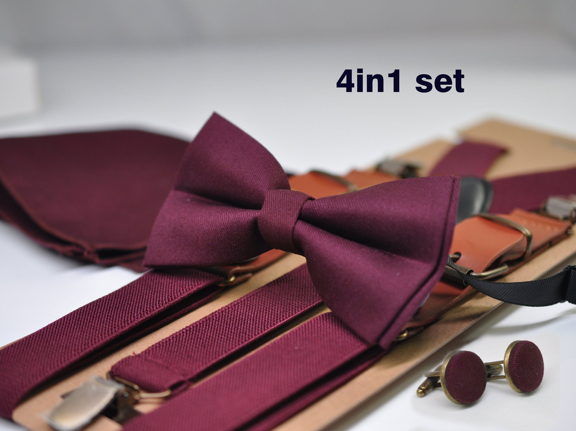 Burgundy Wine Red Bow tie + Suspenders Braces + Pocket Square Hanky Handkerchief Cuff links Cufflinks Men / Youth / Boys Kids / Baby Infant