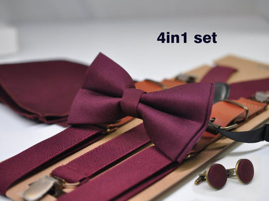 Burgundy Wine Red Bow tie + Suspenders Braces + Pocket Square Hanky Handkerchief Cuff links Cufflinks Men / Youth / Boys Kids / Baby Infant