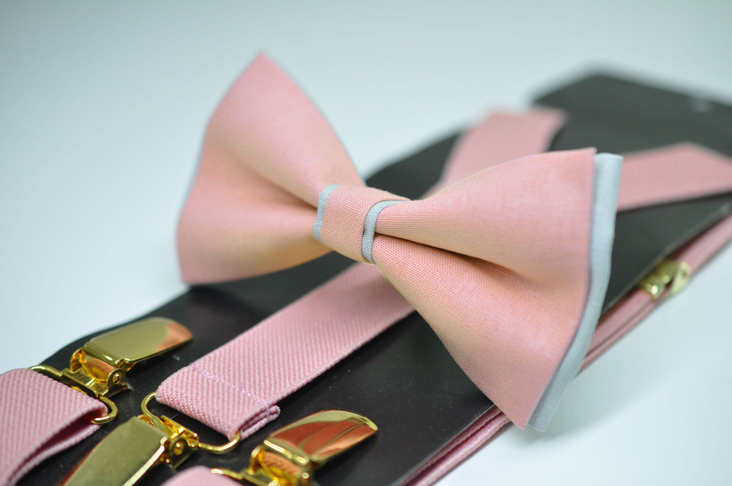 Dusty Pink Musk Silver Grey Pre tied Bow tie Bowtie + Elastic Suspenders Braces for Men / Youth / Boys Kids / Baby Infant Toddler