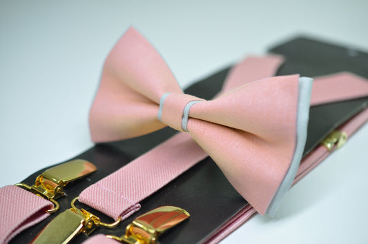 Dusty Pink Musk Silver Grey Pre tied Bow tie Bowtie + Elastic Suspenders Braces for Men / Youth / Boys Kids / Baby Infant Toddler