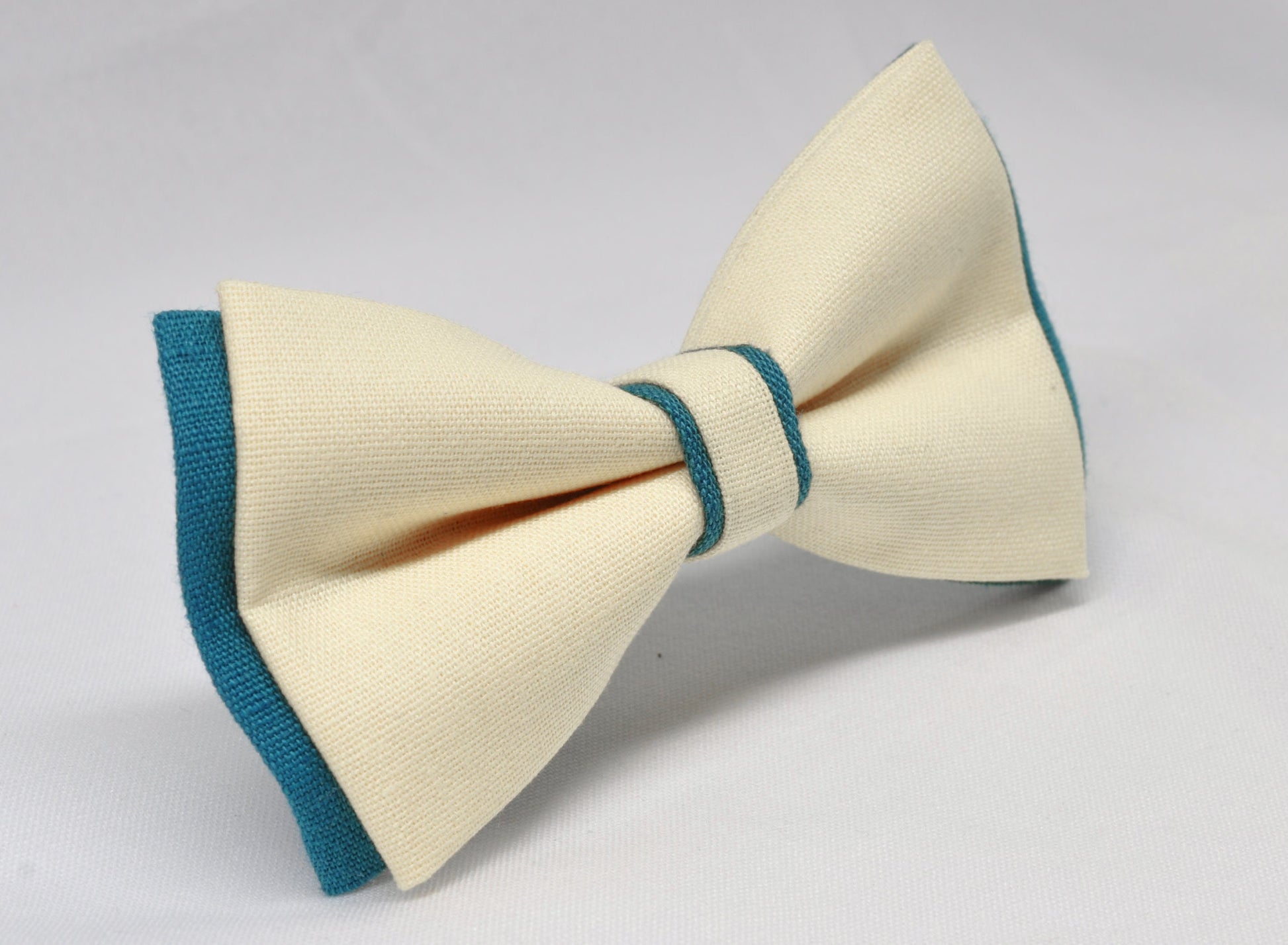 Turquoise Teal Blue and Ivory off White Linen Cotton Pre tied Bow tie Bowtie for Men Adult / Youth Teenage / Boy Kids / Baby Infant