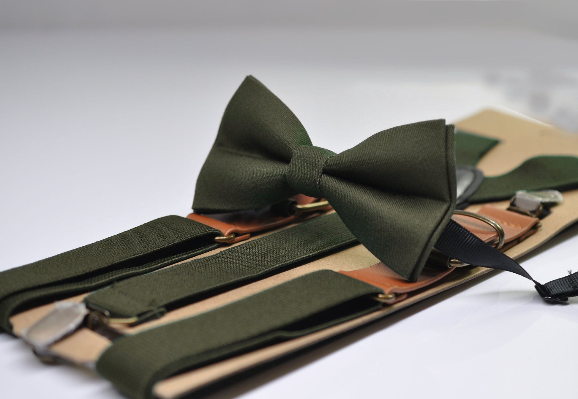Olive Green Army Green Bow tie + Elastic Suspenders Braces + Pocket Square Hanky Handkerchief for Men / Youth / Boys Kids / Baby Infant