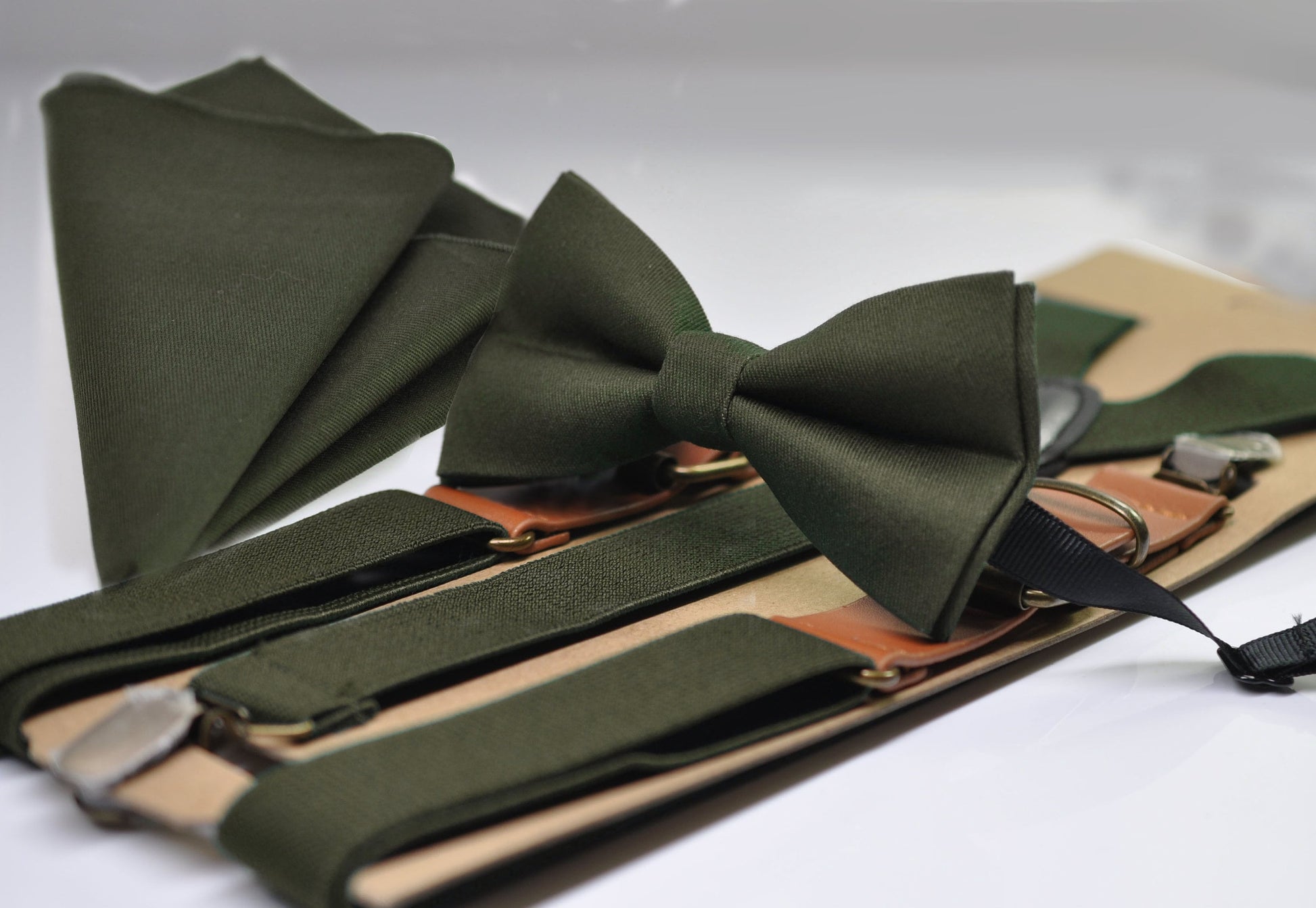 Olive Green Army Green Bow tie + Elastic Suspenders Braces + Pocket Square Hanky Handkerchief for Men / Youth / Boys Kids / Baby Infant