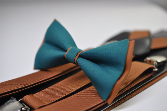 Teal Blue and Tan Brown Linen Cotton Bow tie Bowtie + Tan Elastic Suspenders Braces for Men / Youth Teenage/ Boys Kids / Baby Infant Toddler