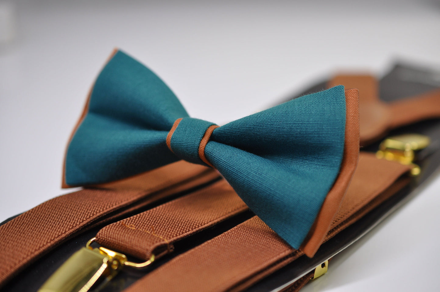 Teal Blue and Tan Brown Linen Cotton Bow tie Bowtie + Tan Elastic Suspenders Braces for Men / Youth Teenage/ Boys Kids / Baby Infant Toddler