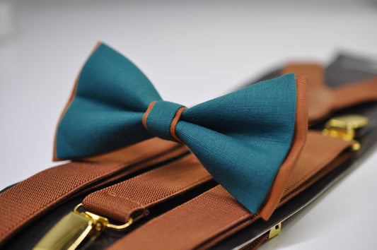 Teal Blue and Tan Brown Linen Cotton Bow tie Bowtie + Tan Elastic Suspenders Braces for Men / Youth Teenage/ Boys Kids / Baby Infant Toddler