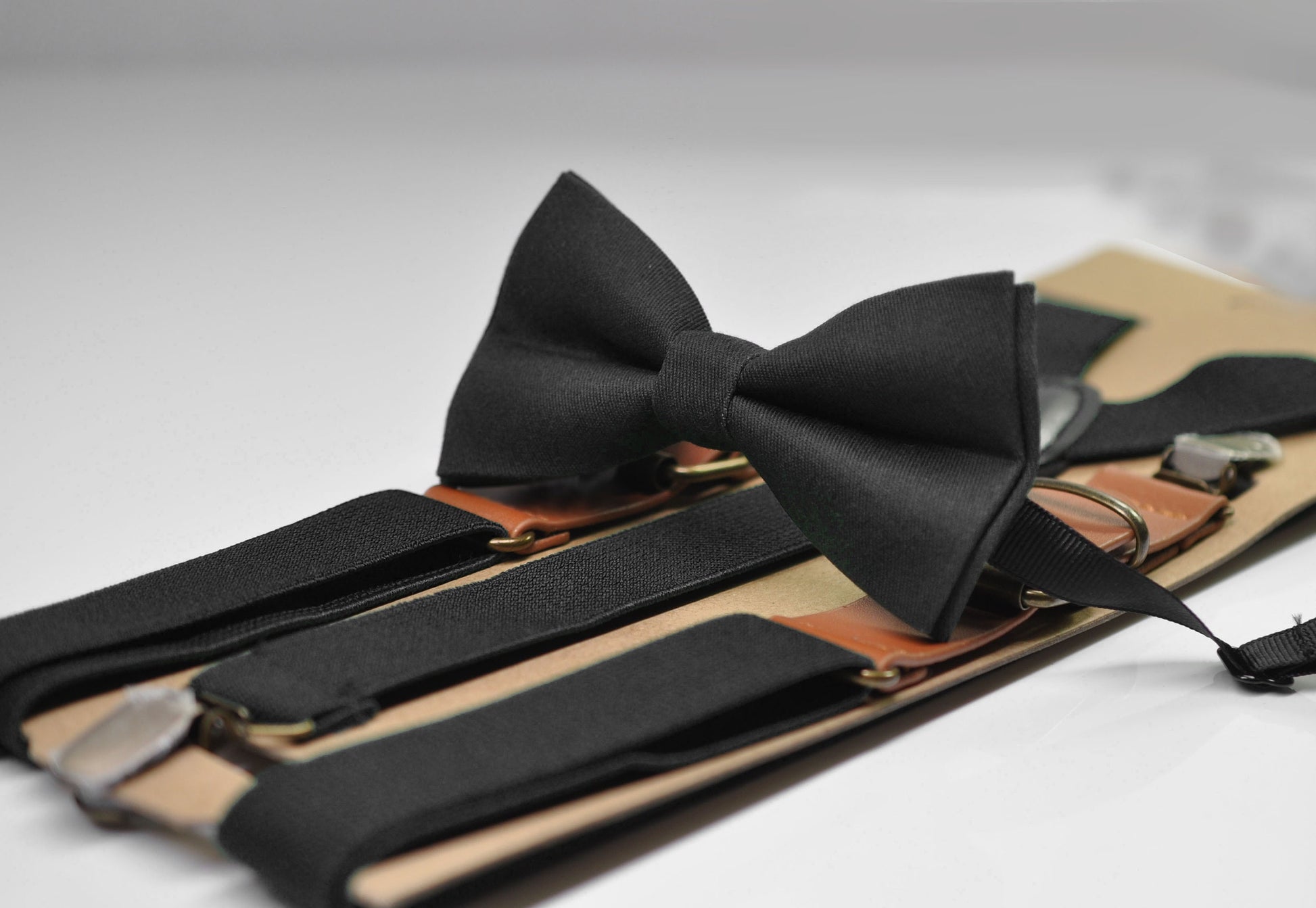 Black Bow tie + Elastic Suspenders Braces + Pocket Square Hanky Handkerchief for Men / Youth / Boys Kids / Baby Infant