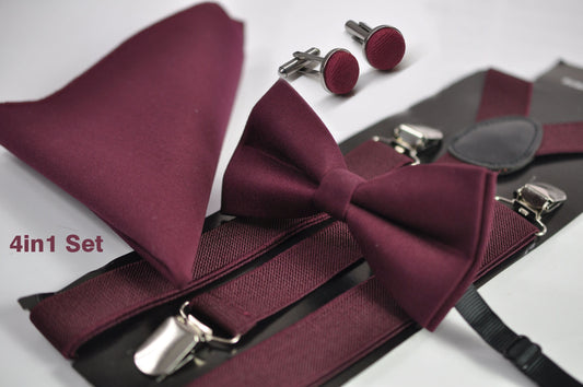 Burgundy Wine Red Bow tie + Elastic Suspenders Braces + Pocket Square Hanky Handkerchief+Cufflinks for Men / Youth / Boys Kids / Baby Infant