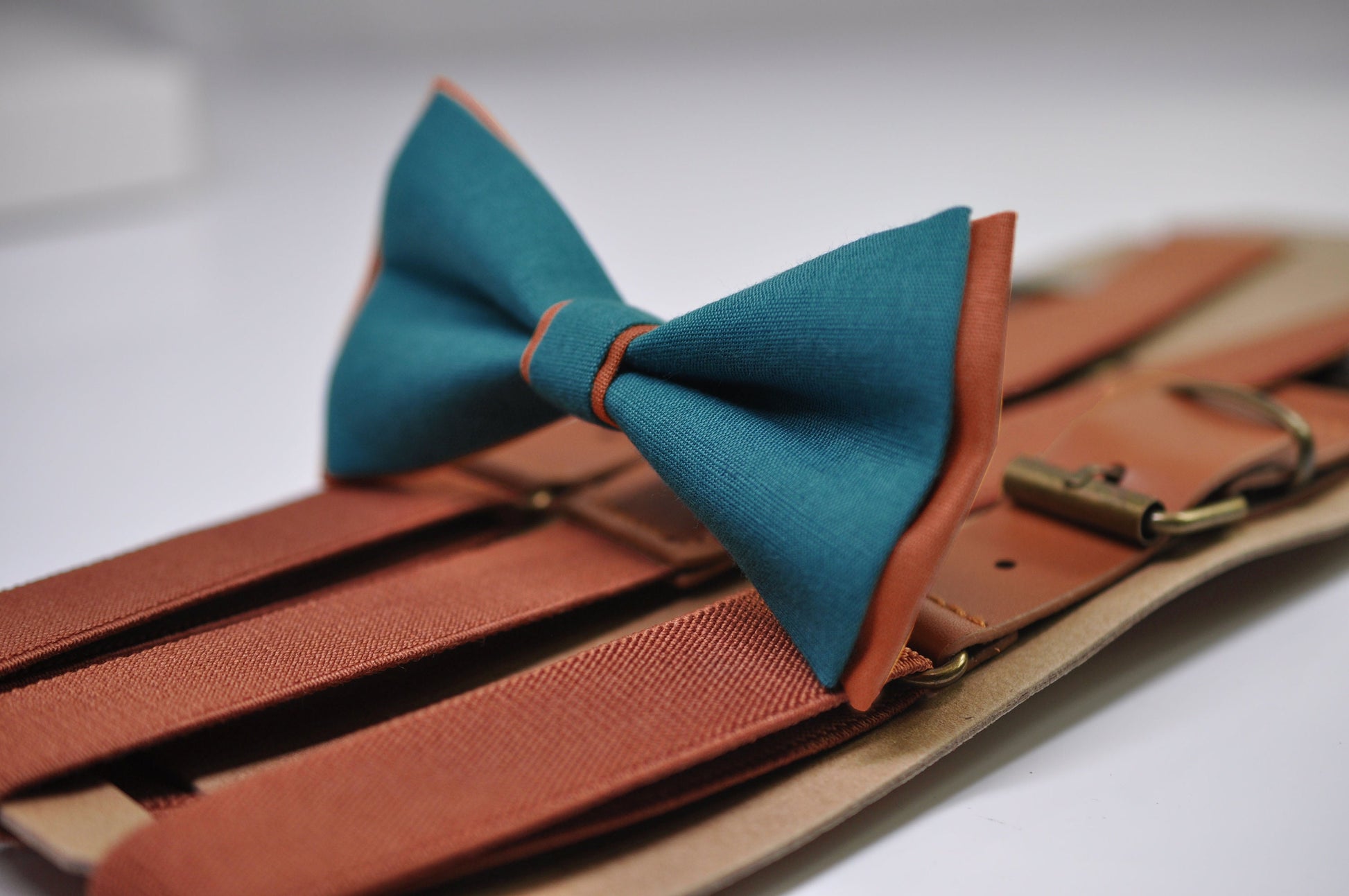 Teal Blue and Rust Terracotta Linen Cotton Bow tie Bowtie + Rust Elastic Suspenders Braces for Men / Youth / Boys Kids / Baby Infant Toddler