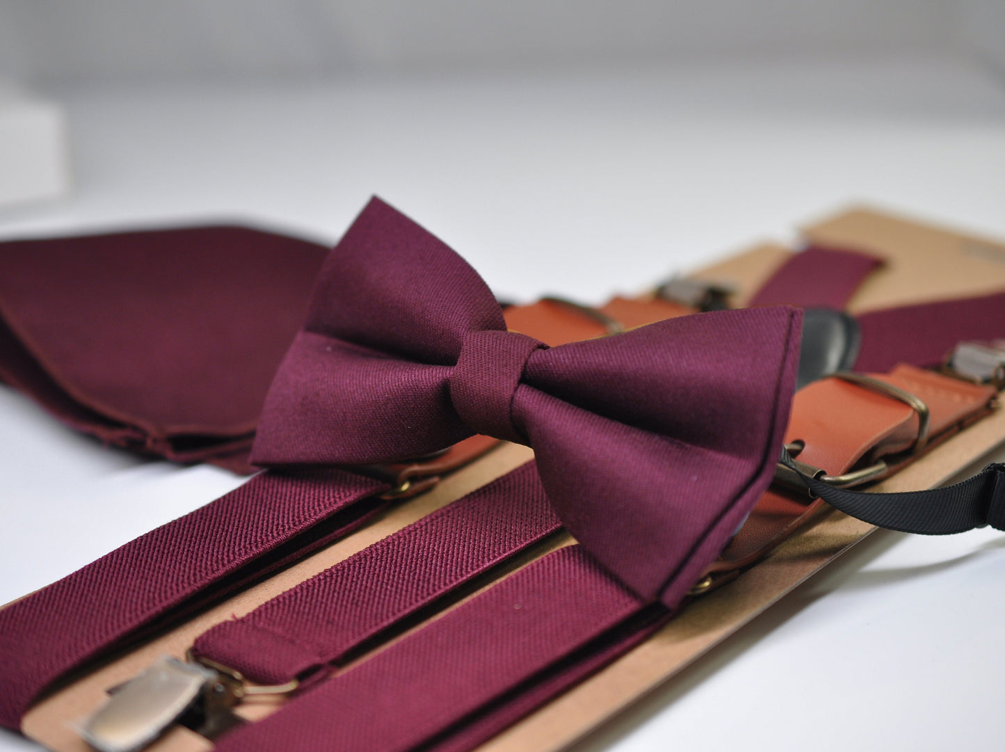 Burgundy Wine Red Bow tie + Suspenders Braces + Pocket Square Hanky Handkerchief Cuff links Cufflinks Men / Youth / Boys Kids / Baby Infant