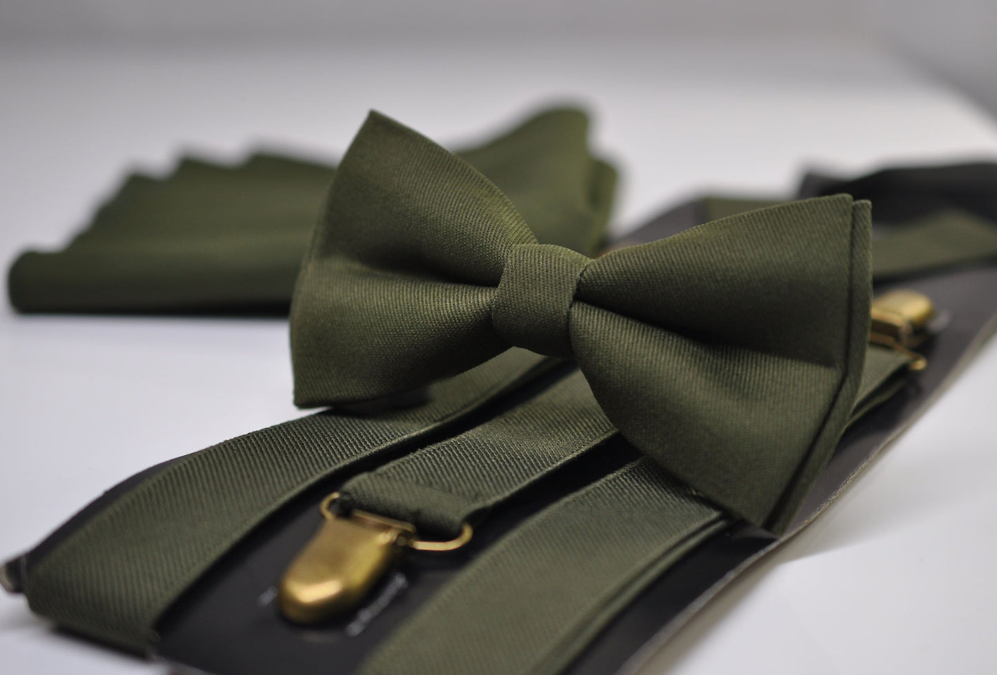 Olive Army Green Cotton Bow tie + Elastic Suspenders Braces + Pocket Square Hanky Handkerchief for Men / Youth / Boys Kids / Baby Infant