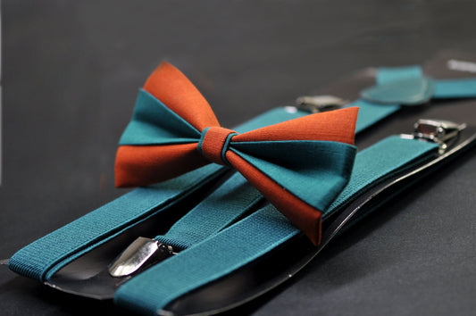 Burnt Orange and Teal Blue Bow tie Bowtie+ Teal blue Elastic Suspenders Braces for Men / Youth/ Boys Kids / Baby Infant Toddler