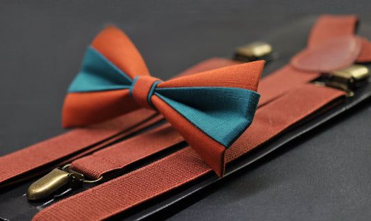 Burnt Orange and Teal Blue Bow tie Bowtie + Rust Terracotta Elastic Suspenders Braces for Men / Youth/ Boys Kids / Baby Infant Toddler