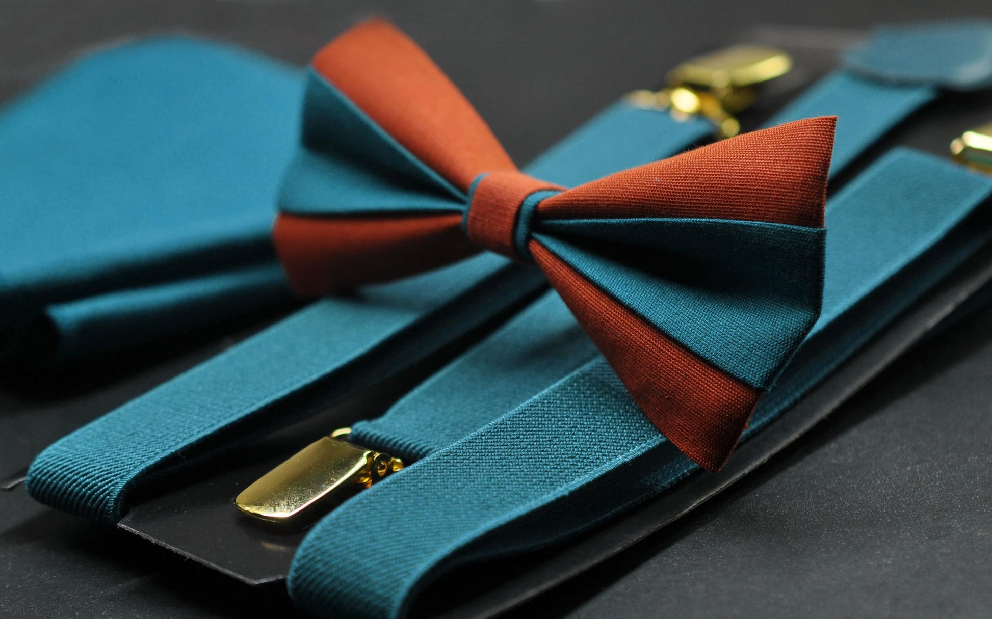 Burnt Orange Teal Blue Bow tie Bowtie + Teal Blue Suspenders Braces + Pocket Squares for Men / Youth/ Boys Kids / Baby Infant Toddler