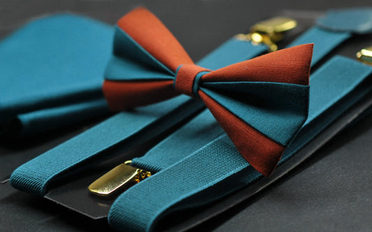 Burnt Orange Teal Blue Bow tie Bowtie + Teal Blue Suspenders Braces + Pocket Squares for Men / Youth/ Boys Kids / Baby Infant Toddler