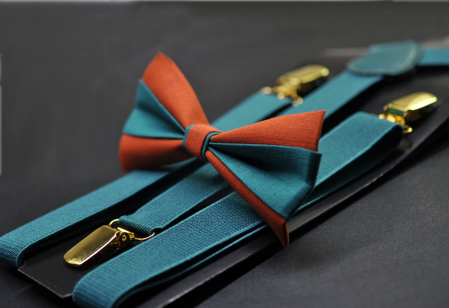 Burnt Orange Teal Blue Bow tie Bowtie + Teal Blue Suspenders Braces + Pocket Squares for Men / Youth/ Boys Kids / Baby Infant Toddler