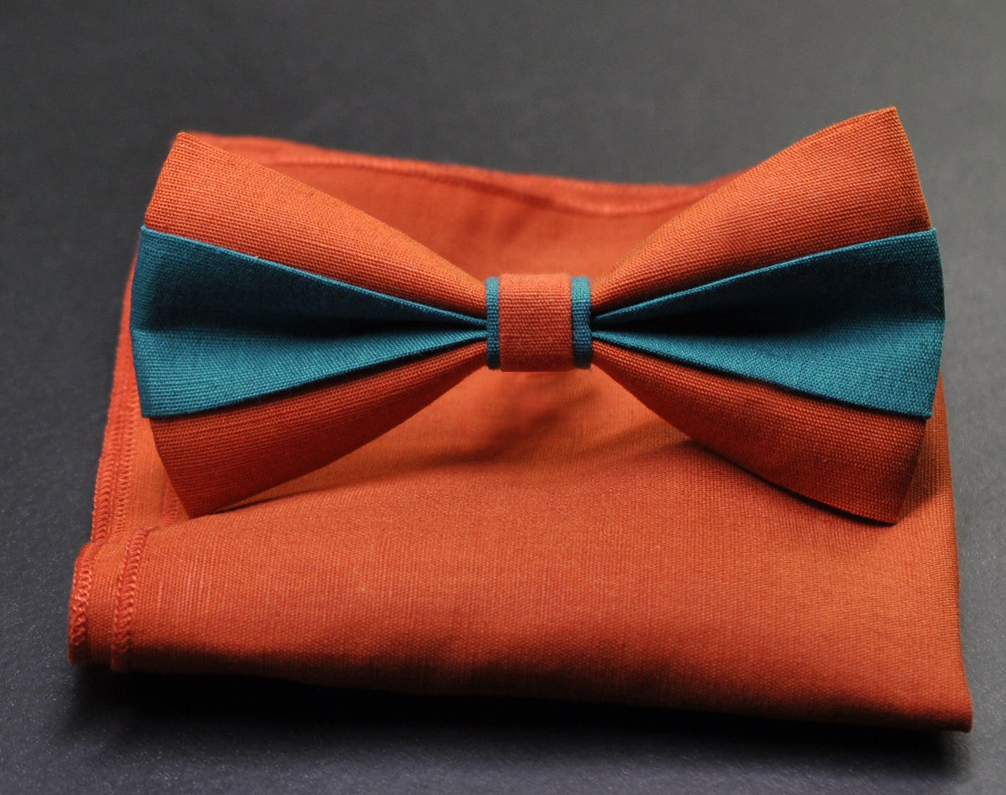 Burnt Orange and Teal Blue Bow tie Bowtie+ TEAL Elastic Suspenders Braces + Pocket Squares for Men / Youth/ Boys Kids / Baby Infant Toddler