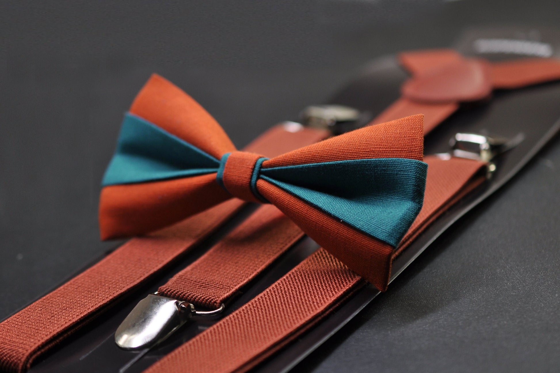 Burnt Orange and Teal Blue Bow tie Bowtie+ Rust Elastic Suspenders Braces + Pocket Squares for Men / Youth/ Boys Kids / Baby Infant Toddler