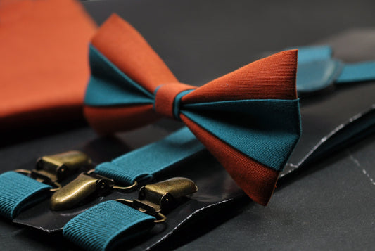 Burnt Orange and Teal Blue Bow tie Bowtie+ TEAL Elastic Suspenders Braces + Pocket Squares for Men / Youth/ Boys Kids / Baby Infant Toddler